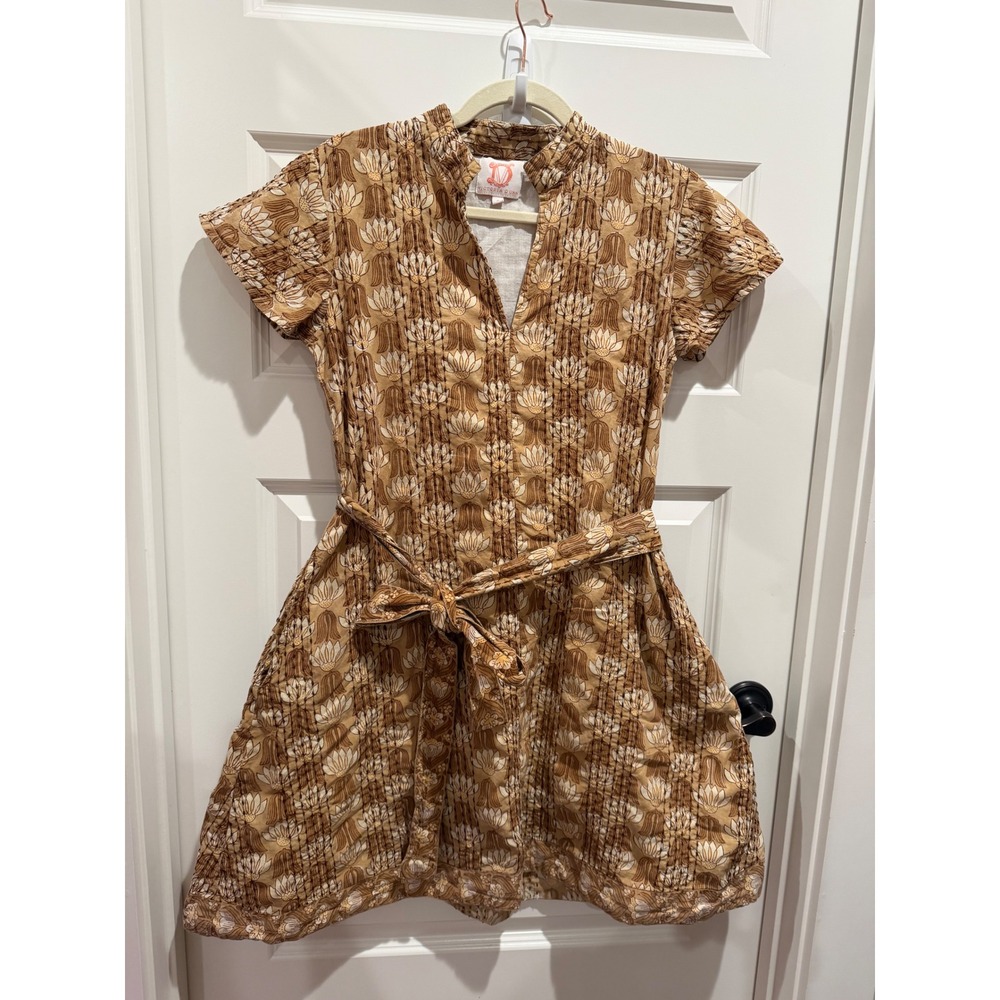 Victoria Dunn Tan Floral Block Print Cotton Mini Dress Kantha Stitch Small